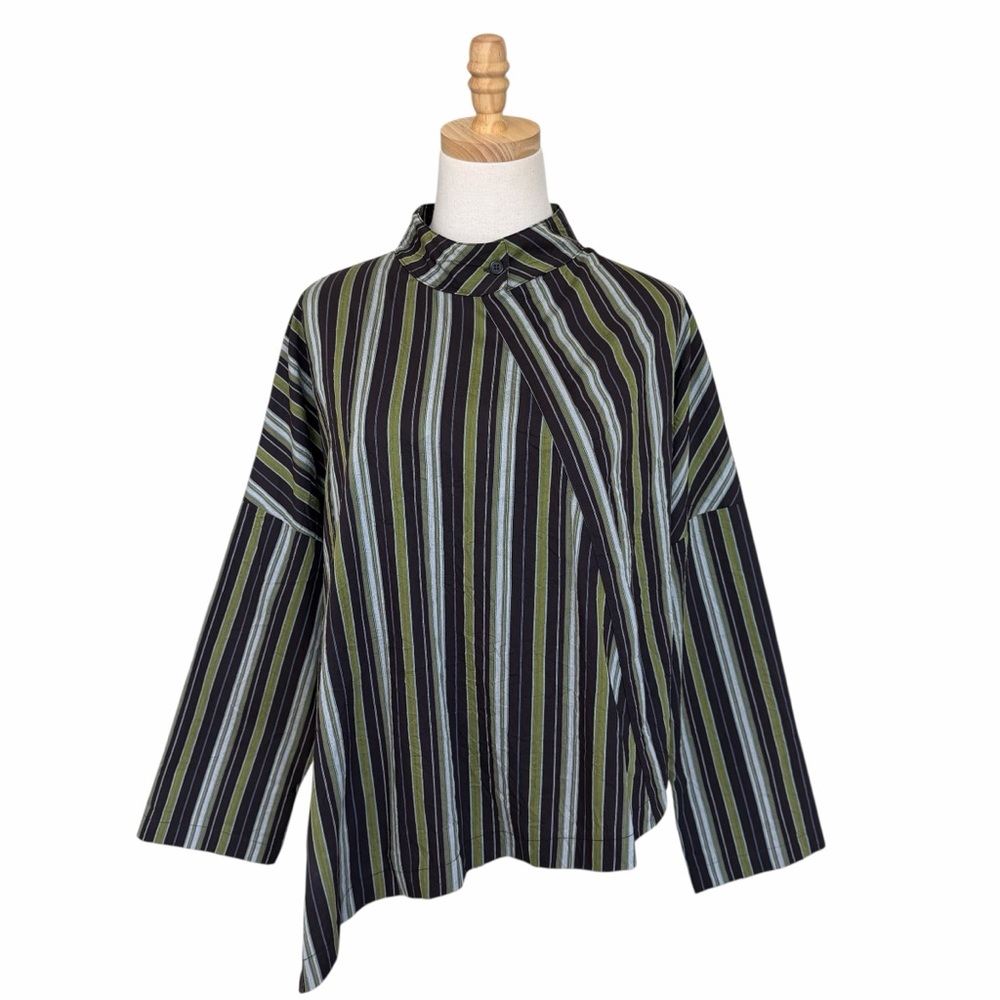 Blanque Asymmetrical Striped Button Up Shirt Brown Green Size Small